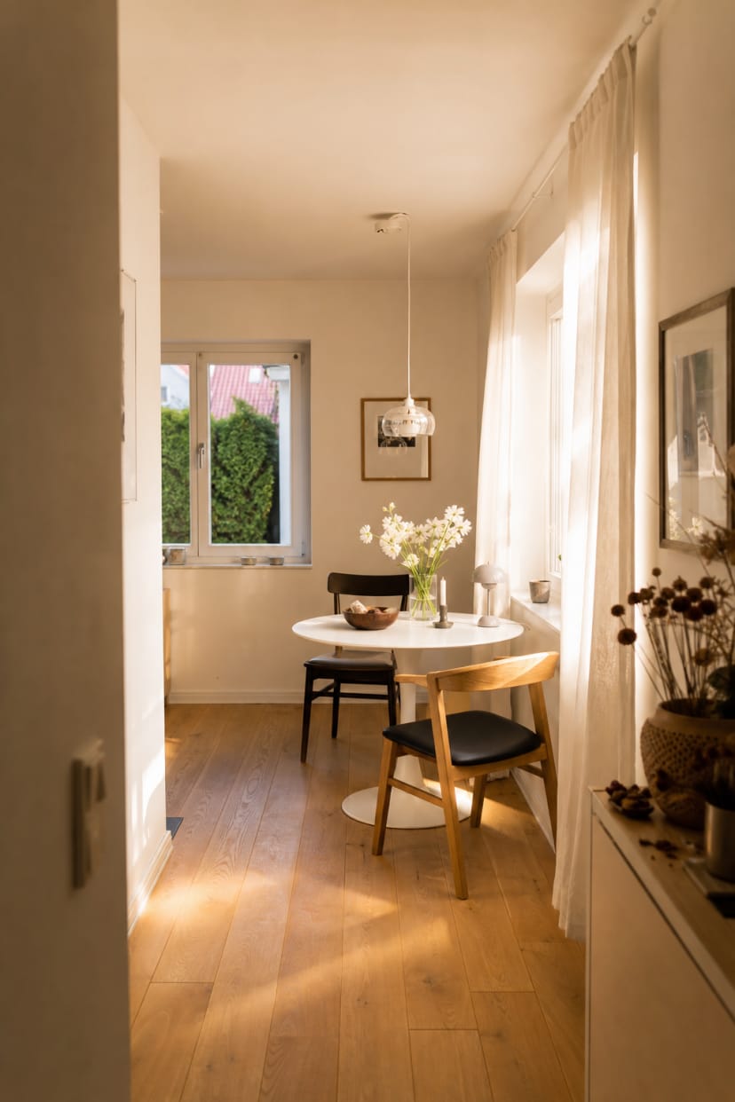 Kleines helles Esszimmer mit rundem weißen Tisch