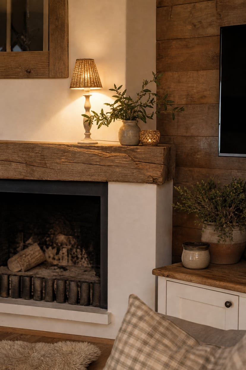 Landhaus TV Wand mit Kamin und Holz
