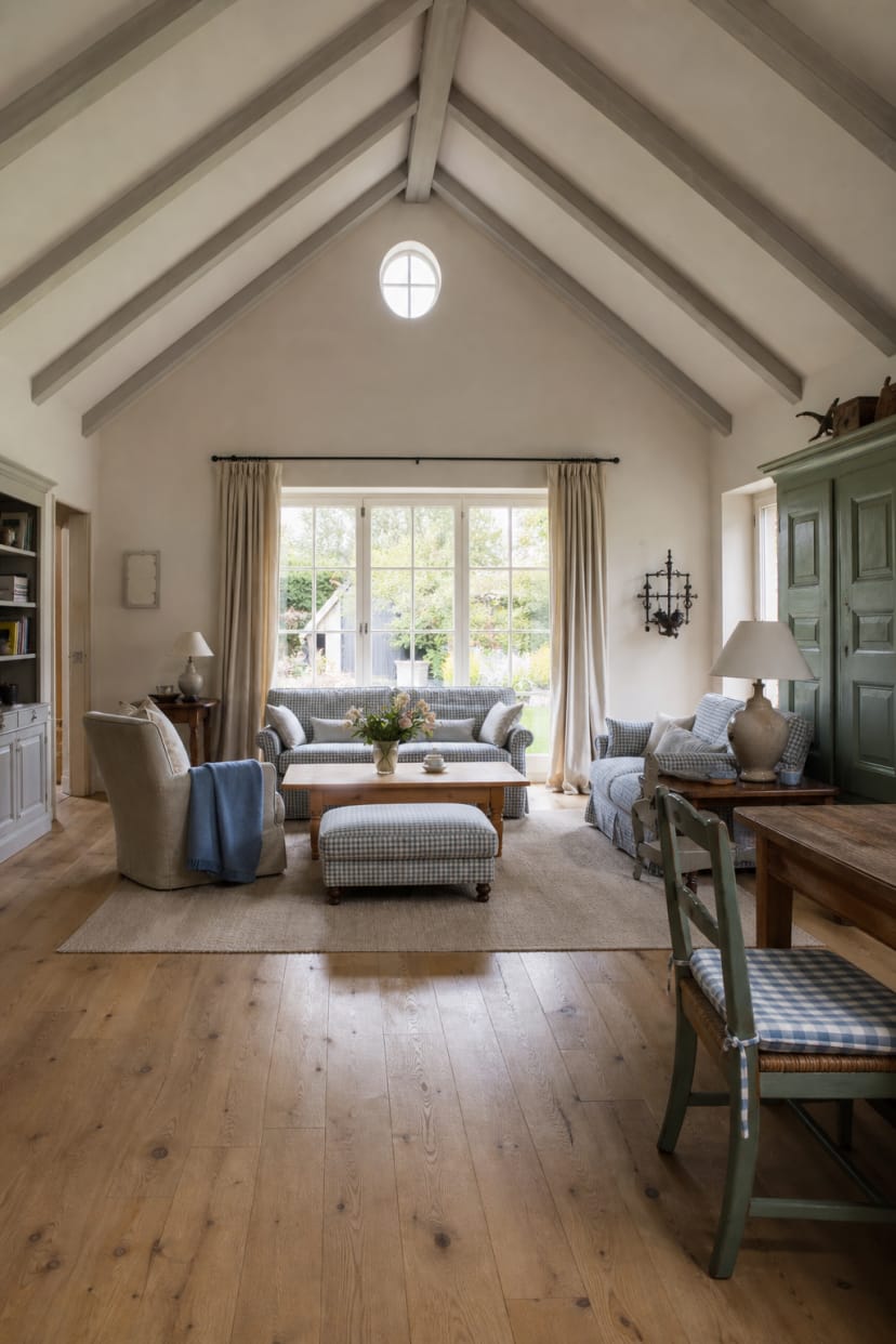 Landhauswohnzimmer mit hoher Giebelhöhe