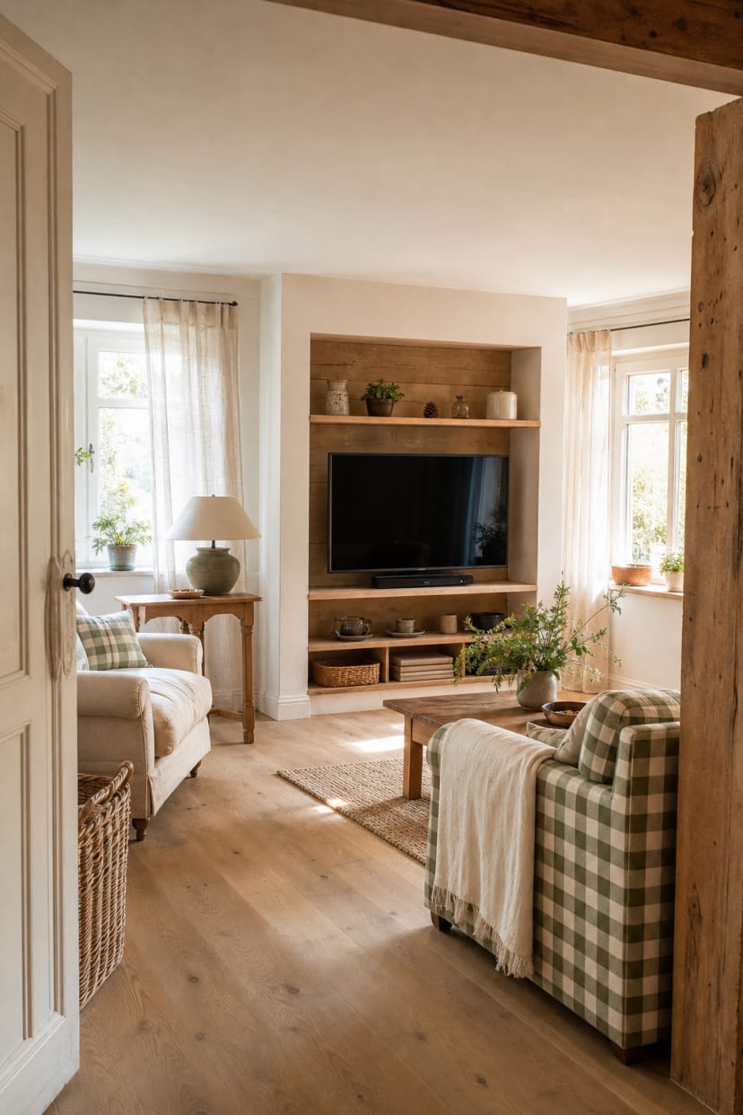 helle holz tv-nische mit regalen