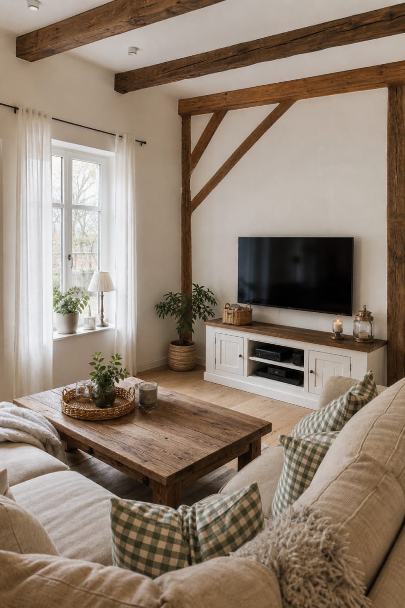 Wohnzimmer mit Holzbalken und beigen Textilien