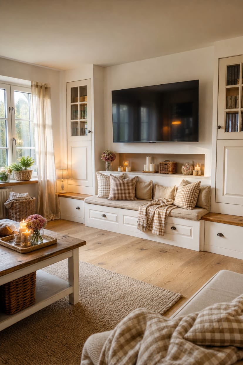 TV-Wand mit eingebauter Sitzbank Landhausstil