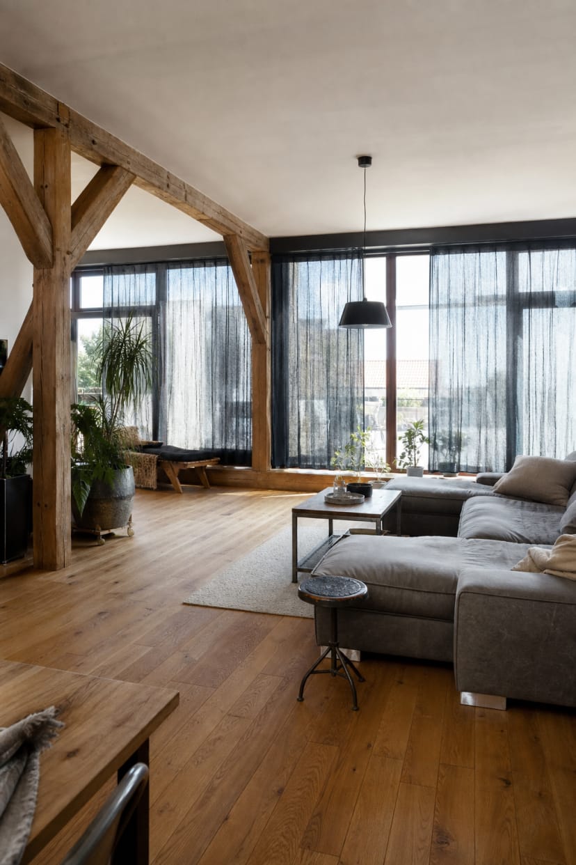 Loftwohnzimmer mit dunklen Gardinen vor Fenstern