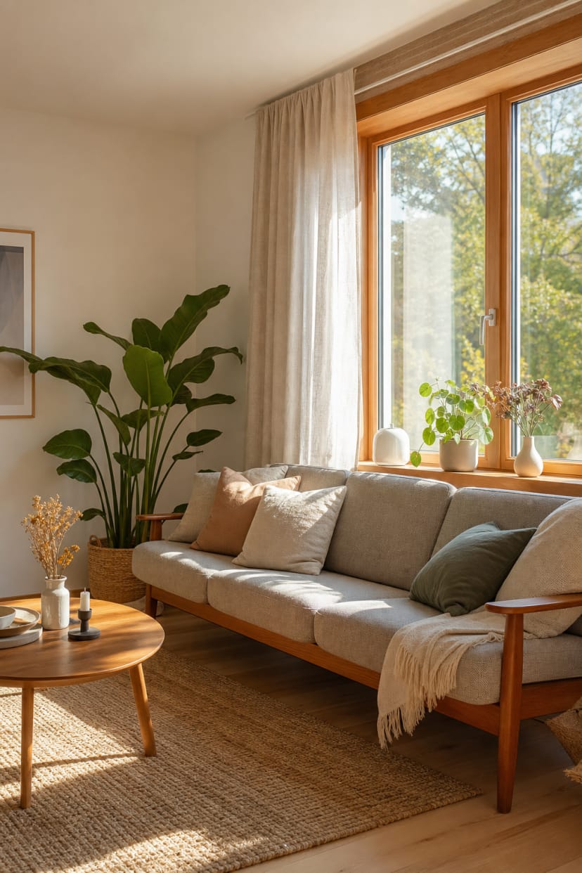mid-century sofa vor großem fenster mit vorhang