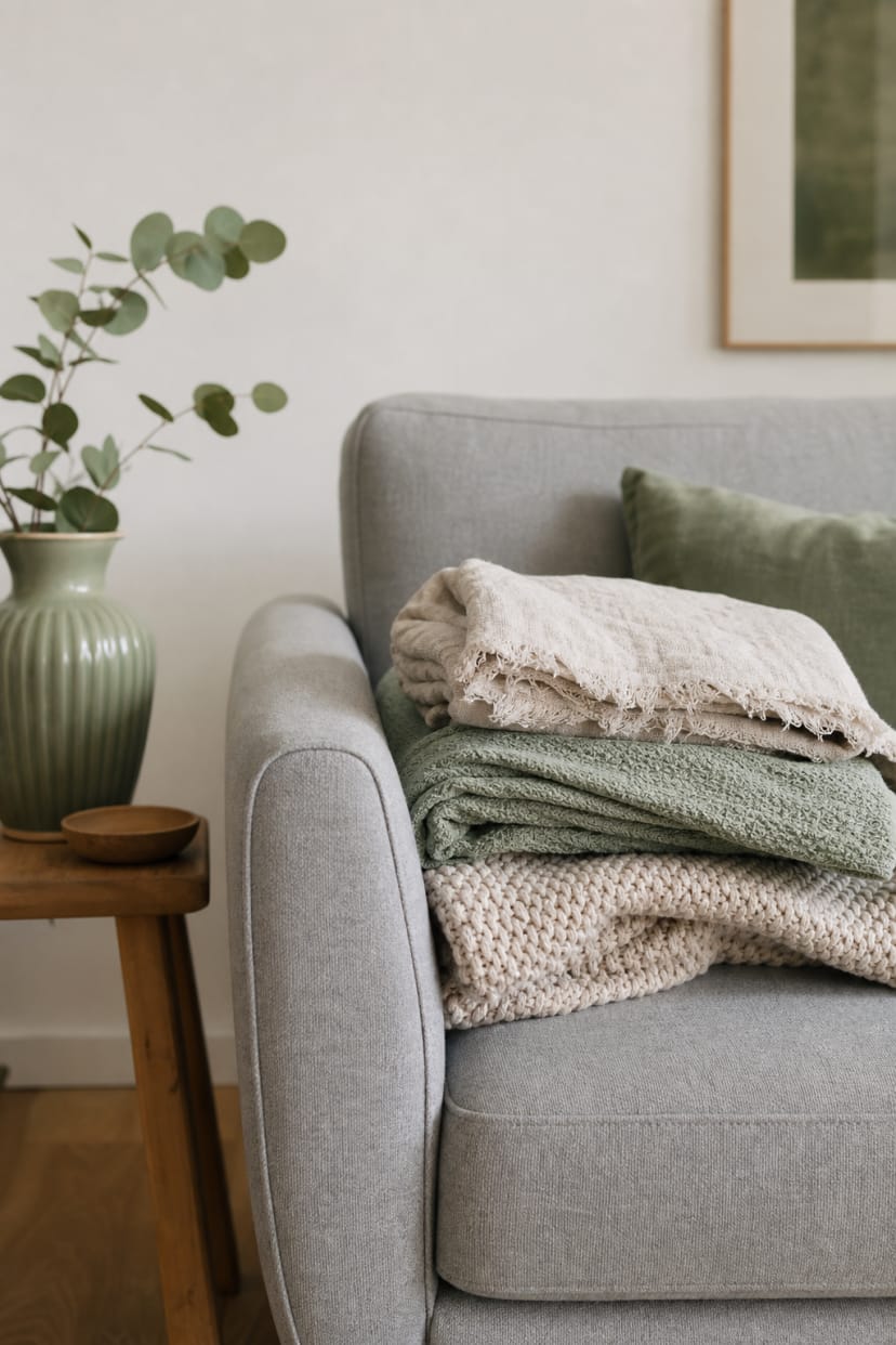 Naturfarbene Decken auf grauem Sofa Nahaufnahme