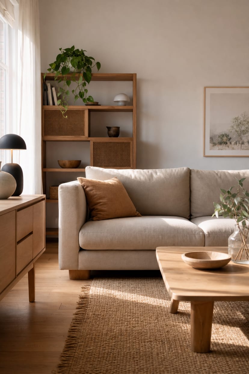 Skandinavisches Wohnzimmer mit Holzmöbeln und Sandsofa