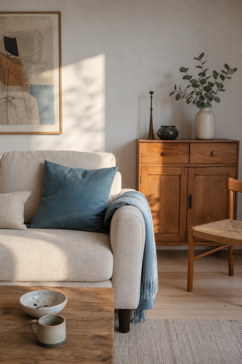 Neutrales Sofa vor hellem Holzsideboard