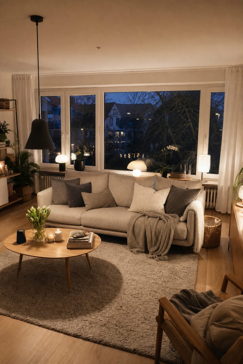 Sofa vor großen Fenstern, nordisches Wohnzimmer