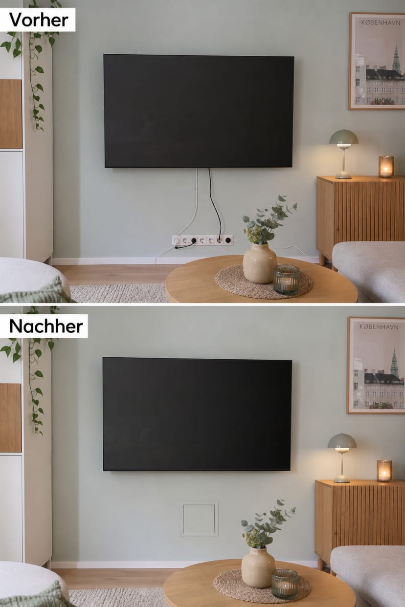 TV-Wand mit sichtbaren und versteckten Kabeln