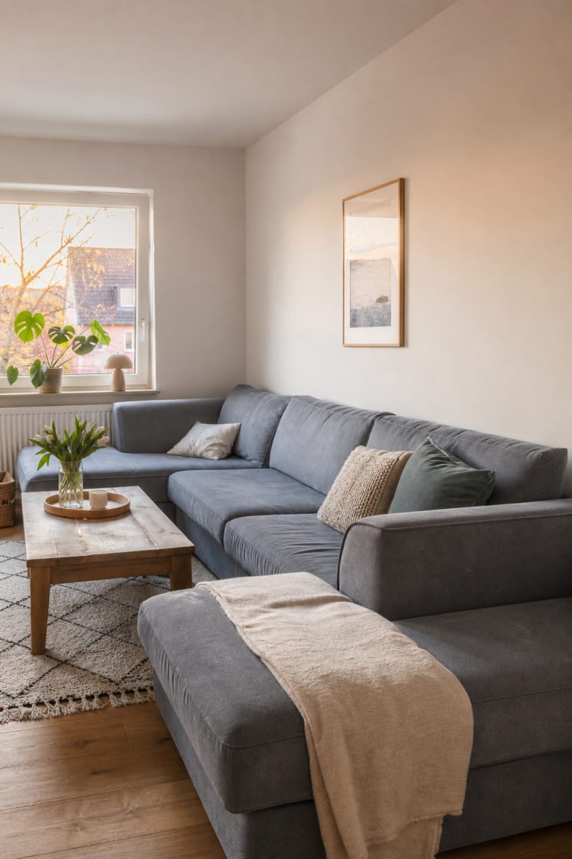 Offene blaue Sofalandschaft in skandinavischem Wohnzimmer