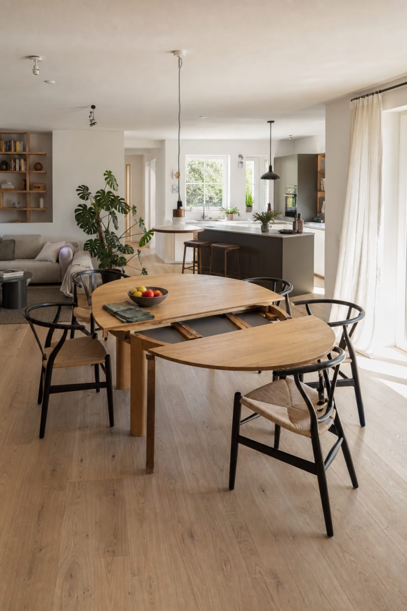 Runder Ausziehtisch im offenen Wohnbereich