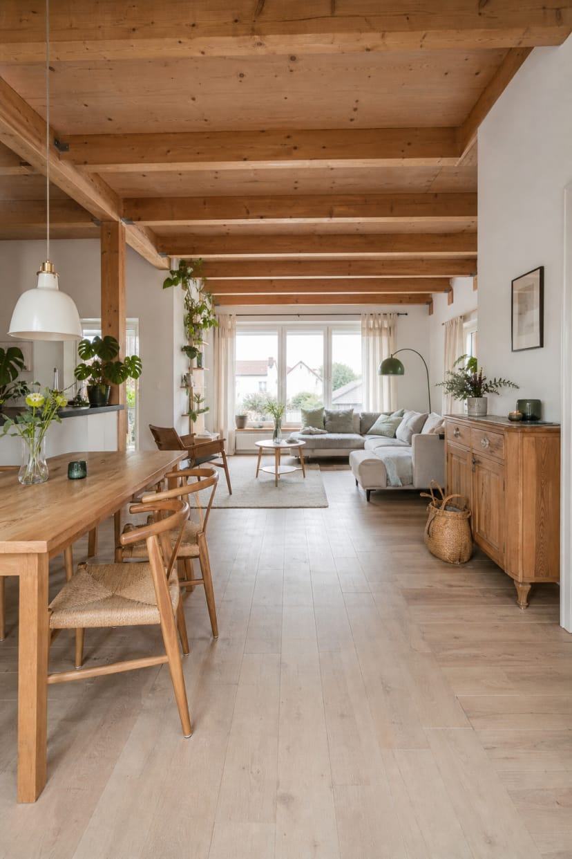 offener wohnbereich holzdecke und essplatz