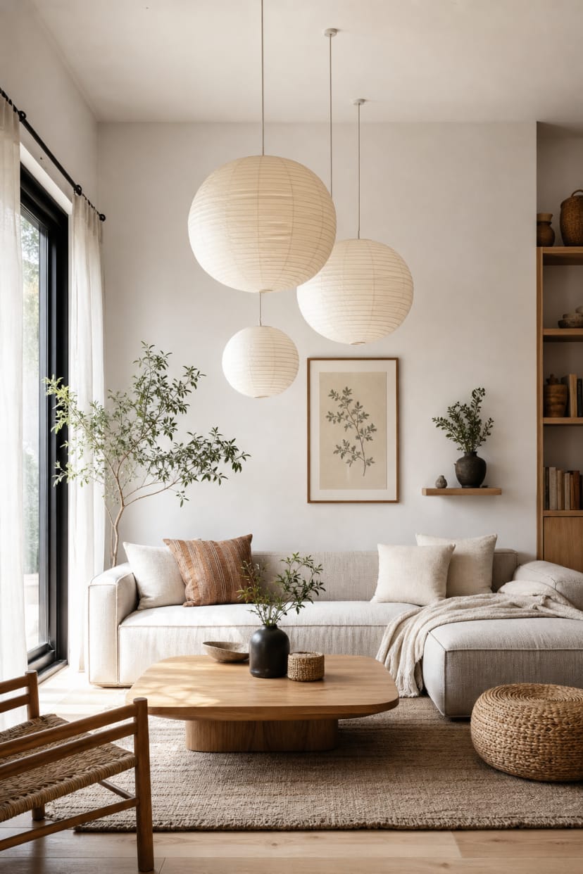 Offenes Wohn-Esszimmer mit weißen Bauhaus-Hängelampen
