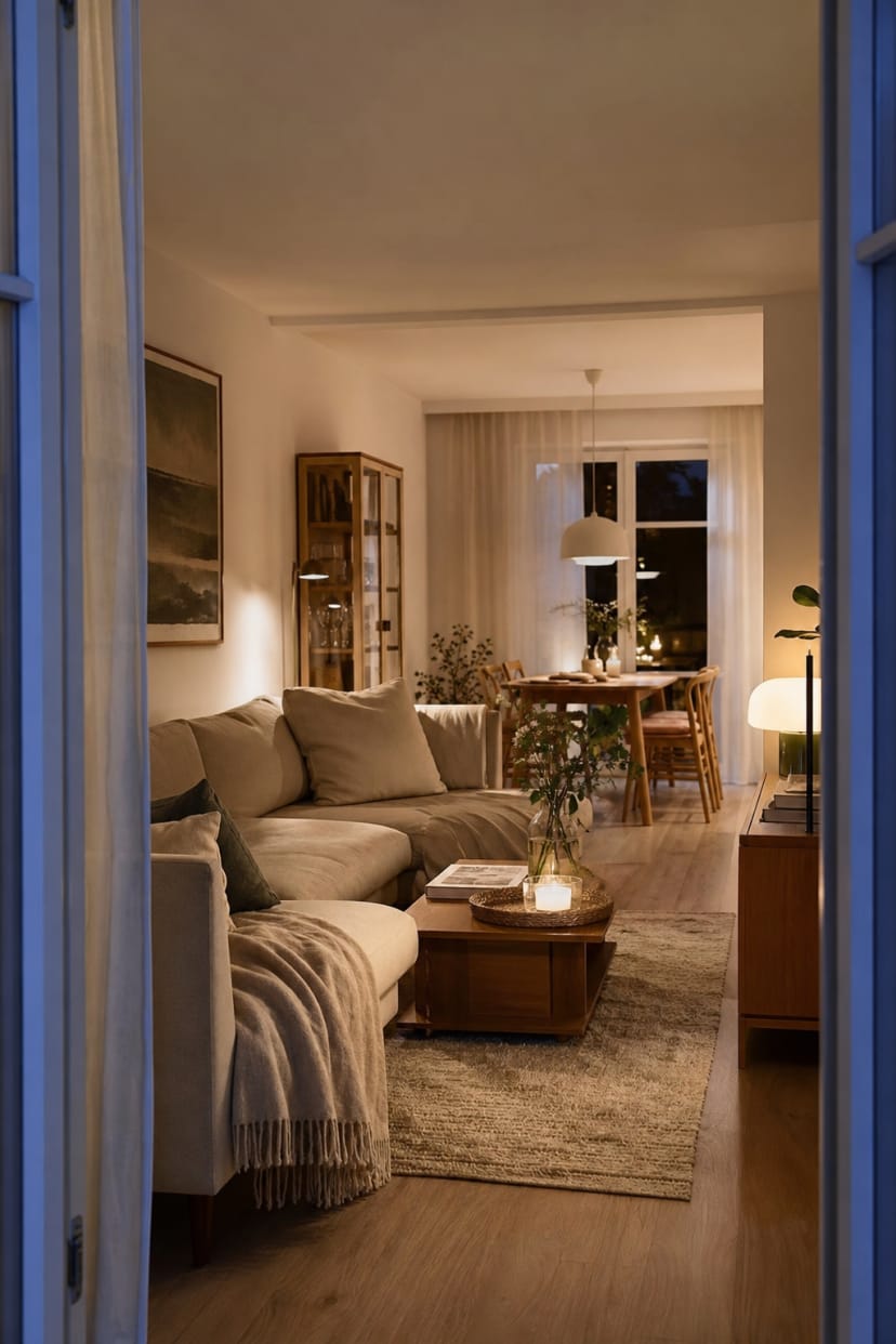 offenes wohnzimmer beiges sofa essbereich licht