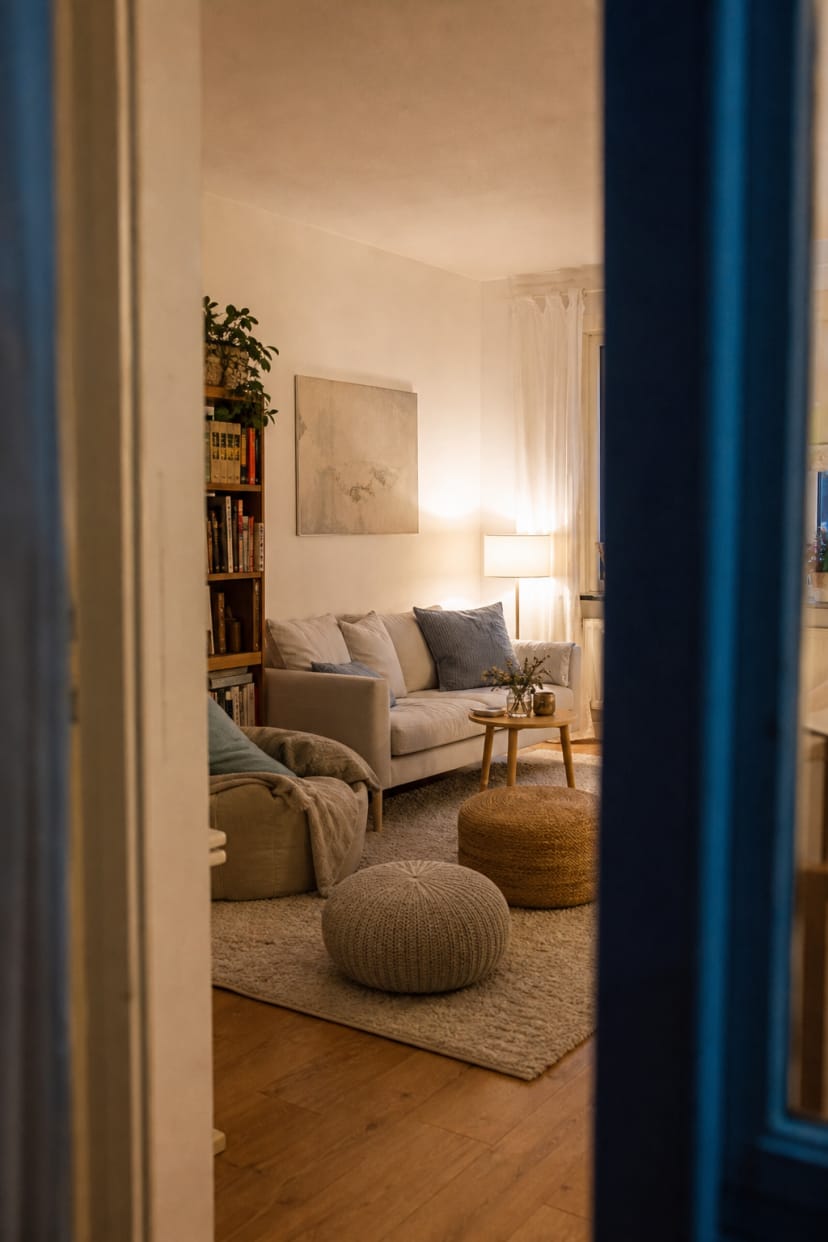 Ruhige Lounge mit Poufs und Teppich