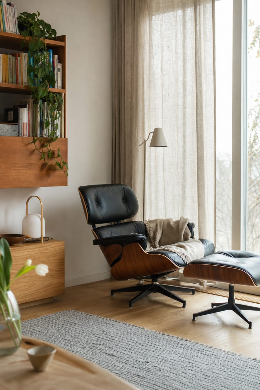 Sessel neben ruhigem Vorhang und Holzdetails