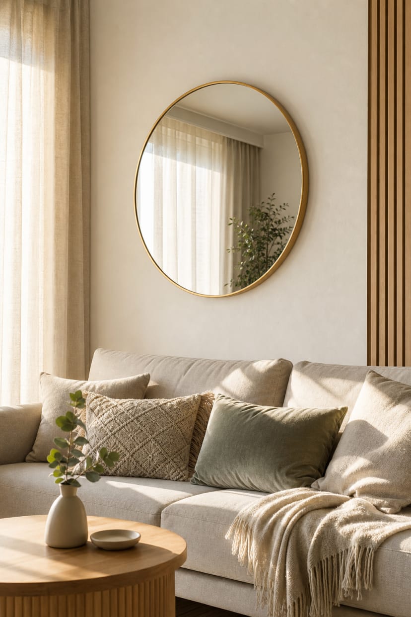 runder goldspiegel über beigem sofa