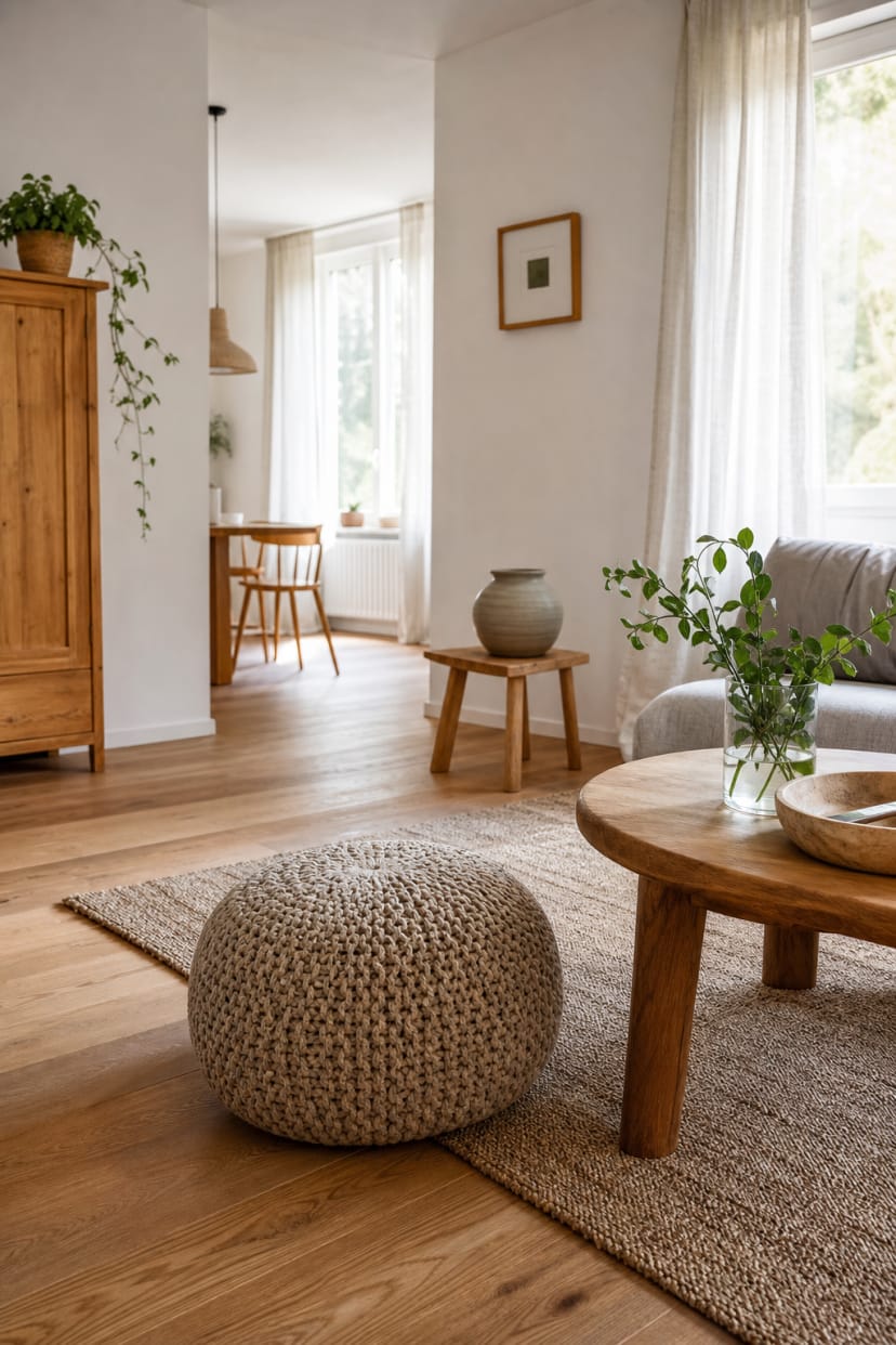 runde pouf matte neben strukturiertem teppich