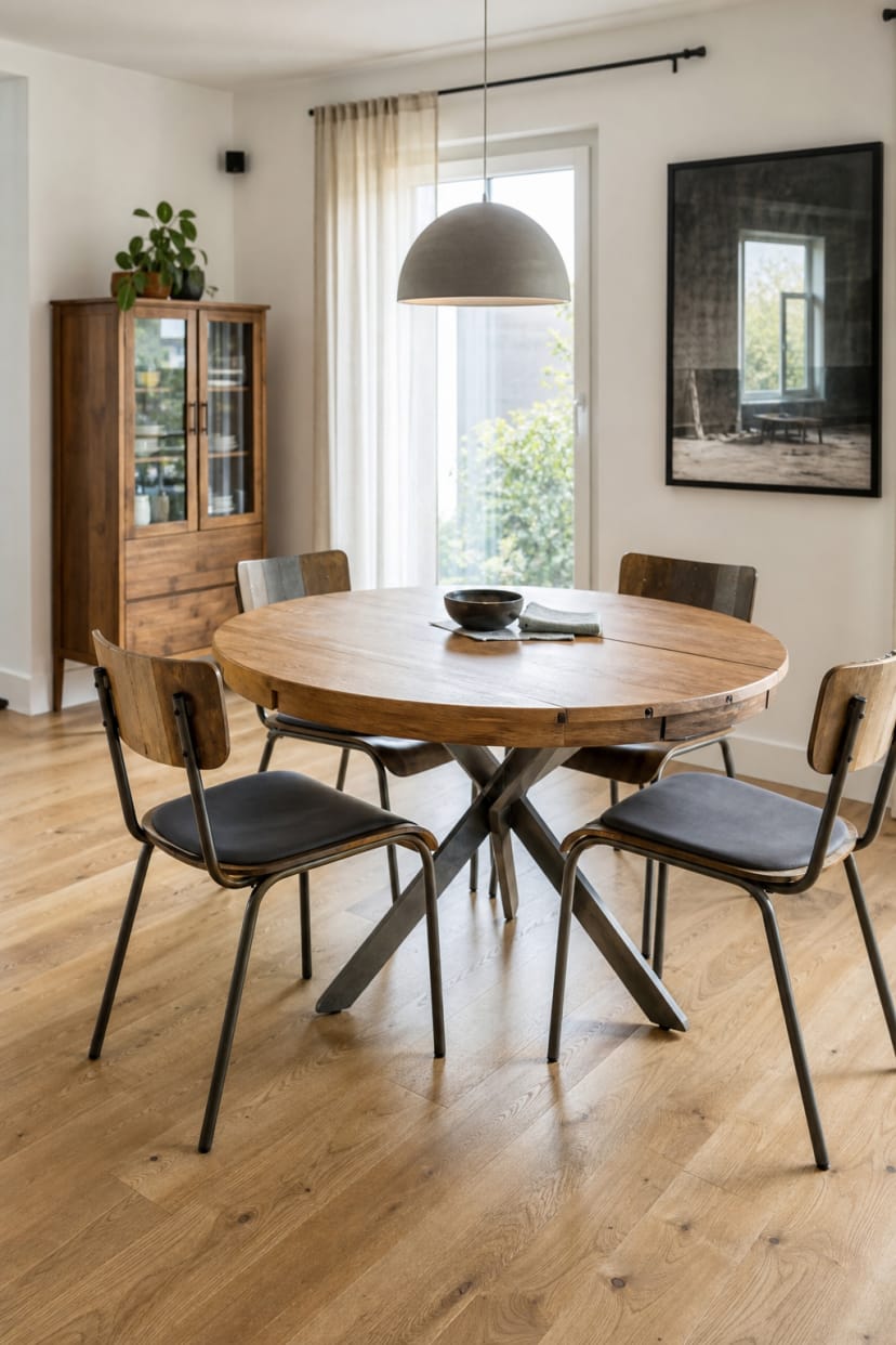 runder ausziehbarer holz metall tisch
