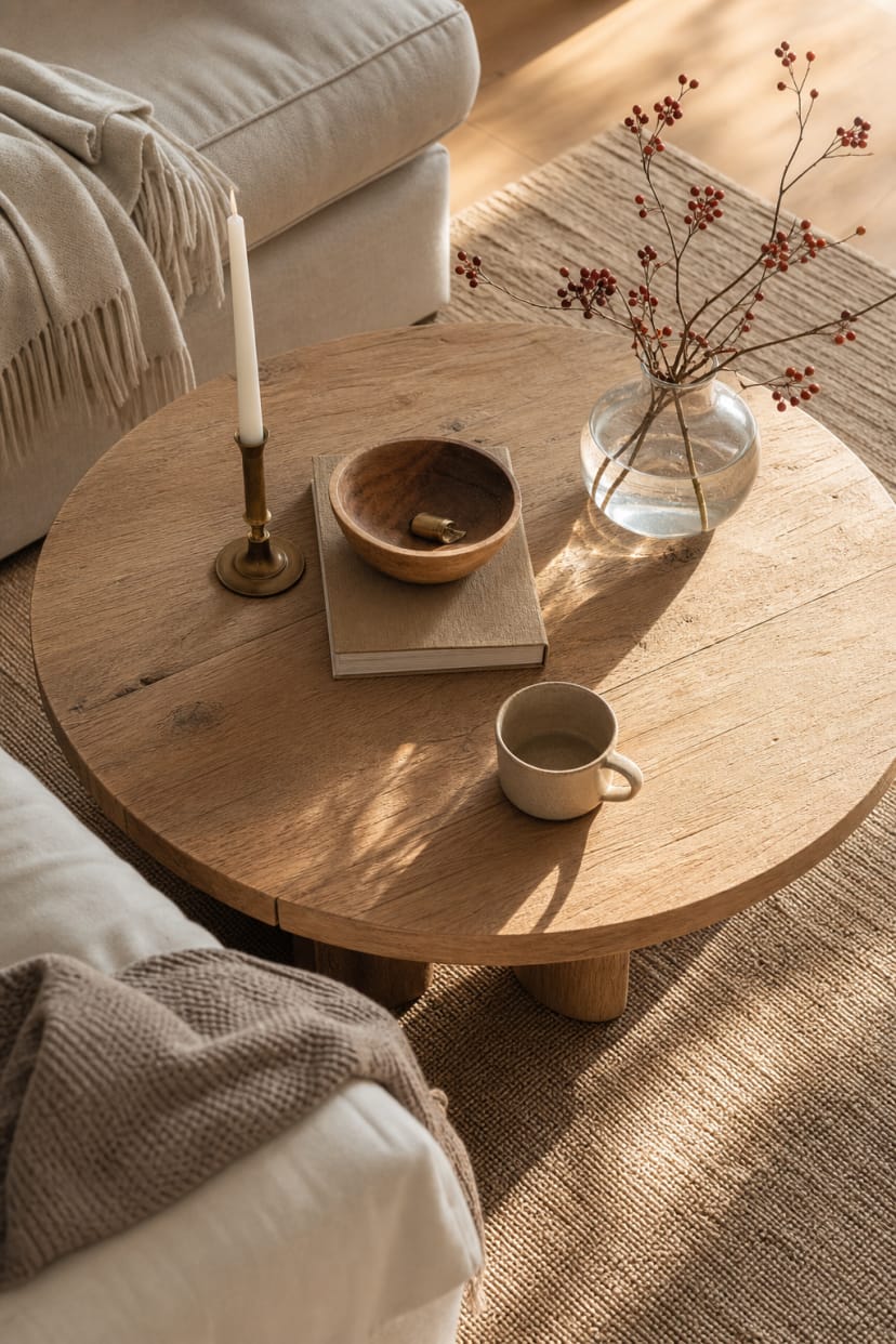 runder holztisch im wohnzimmer detail