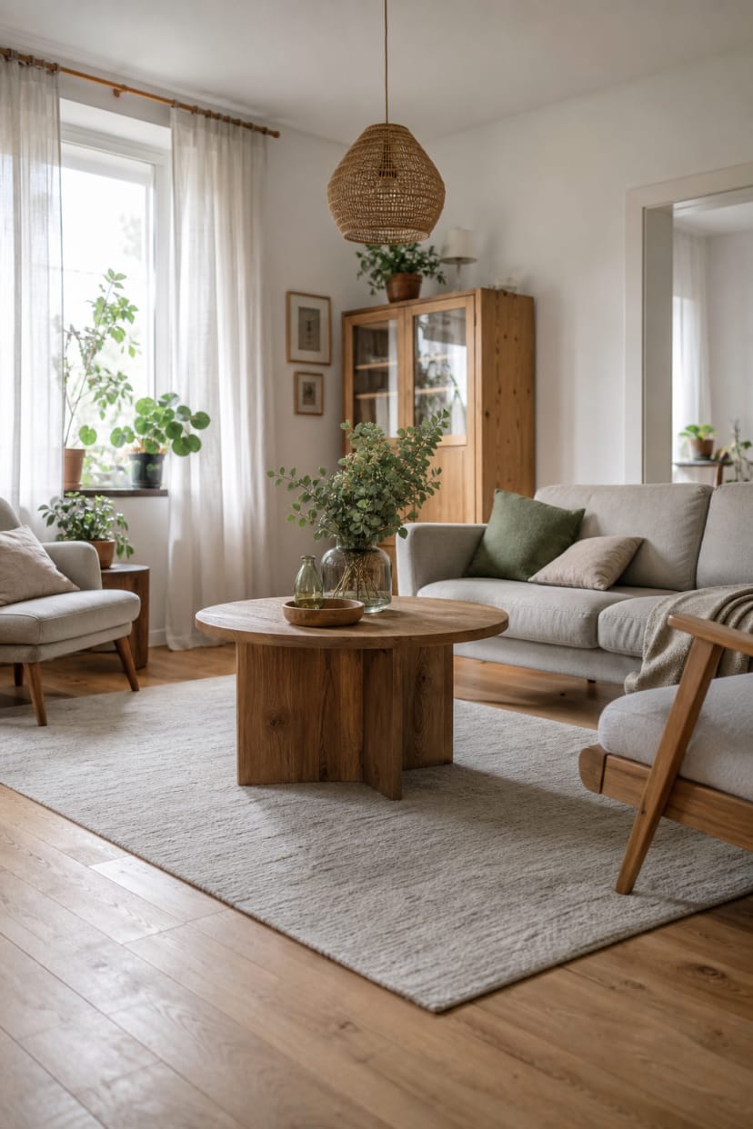 Runder Holzcouchtisch auf hellem Teppich