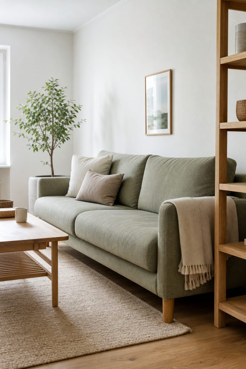 Salbeigrünes Sofa im skandinavischen Wohnzimmer