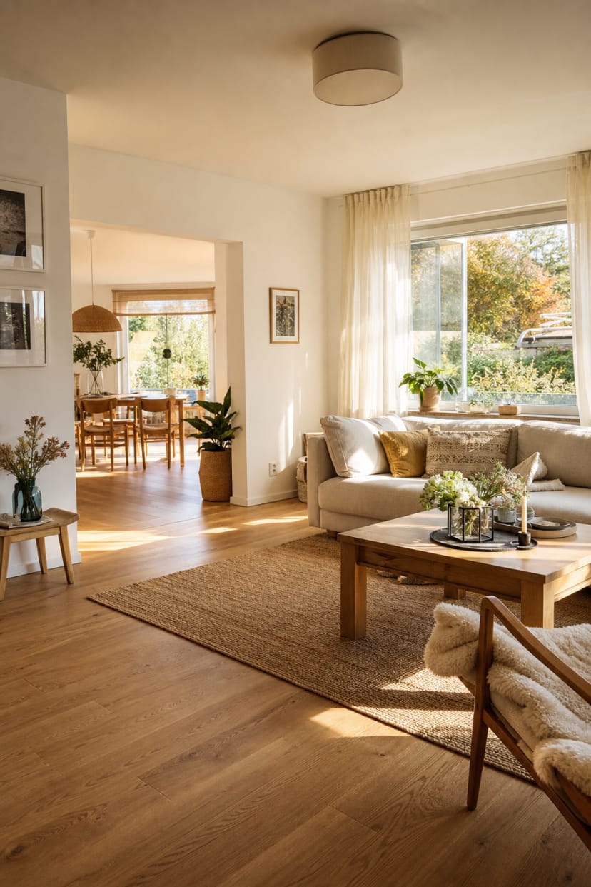 Sand-creme Wohnzimmer offener Bereich Teppich