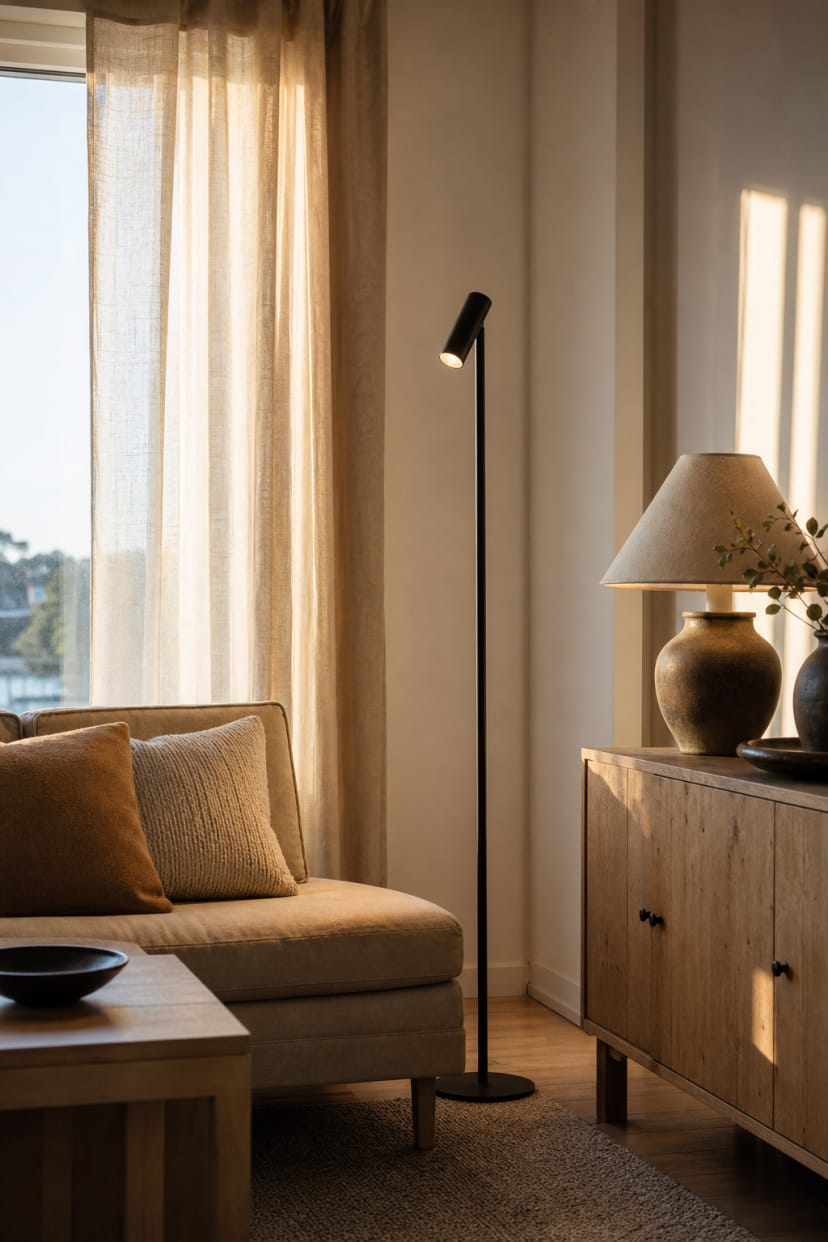 schlanke Stehlampe neben skandinavischem Sofa