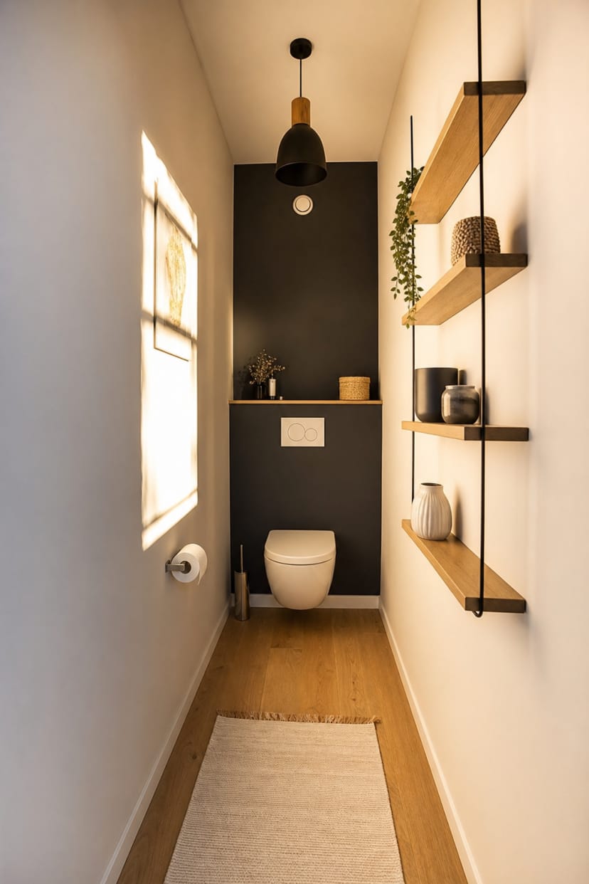 schmale wc-nische dunkle akzentwand