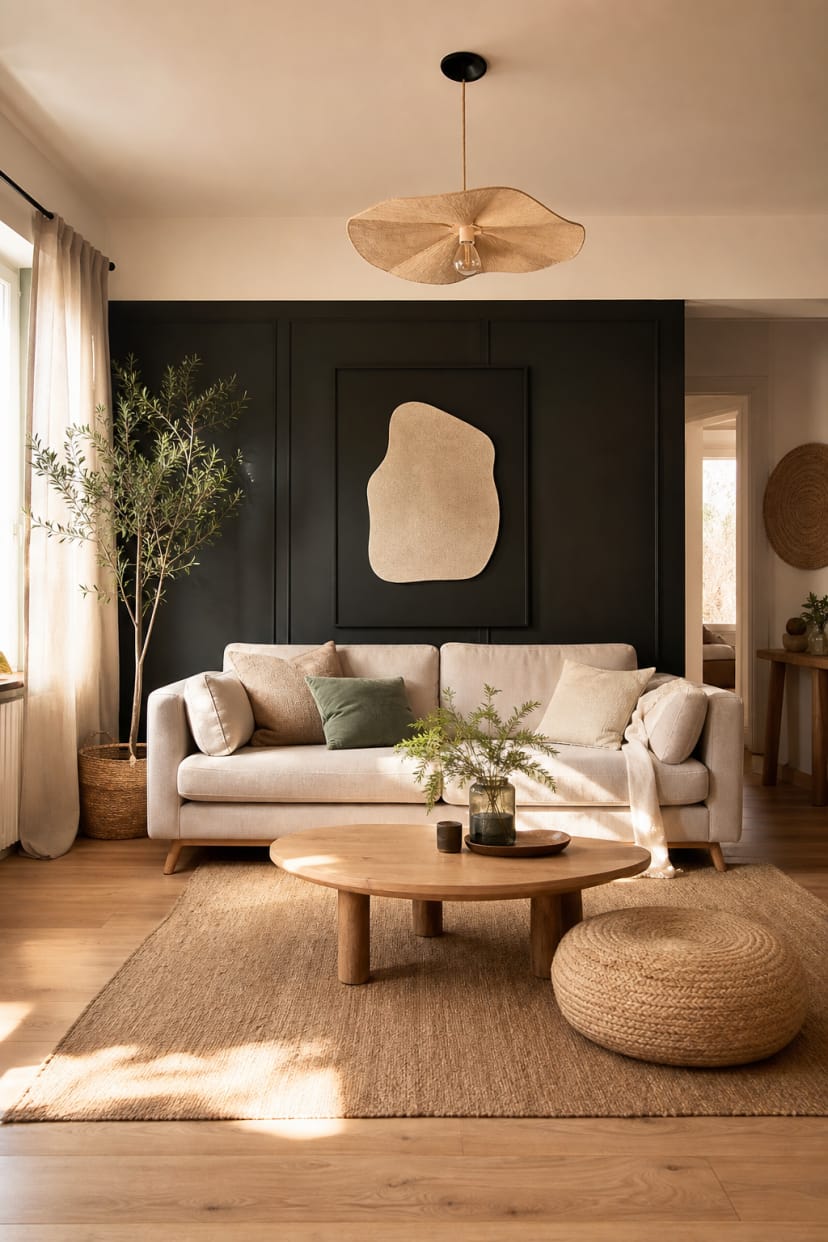 Beiges Sofa vor schwarzer Akzentwand