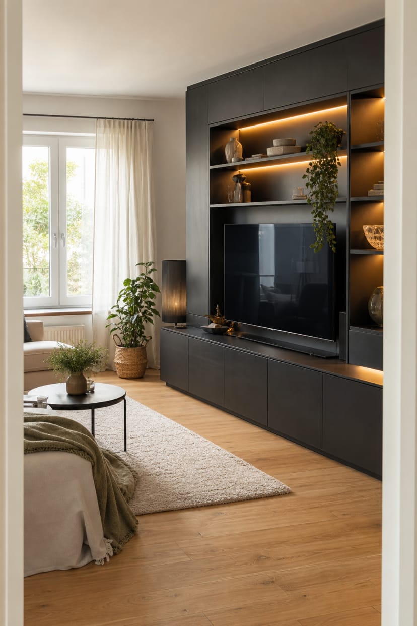 Schwarze Medienwand mit goldener Indirektbeleuchtung