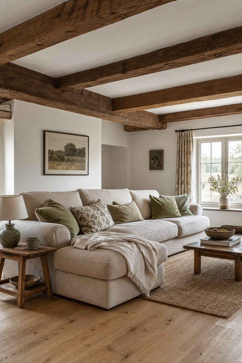 Deckenbalken über Sofa in offenem Landhausraum