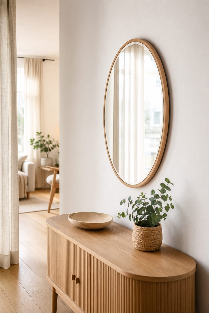 Ovaler Spiegel über Sideboard mit Klebehaken