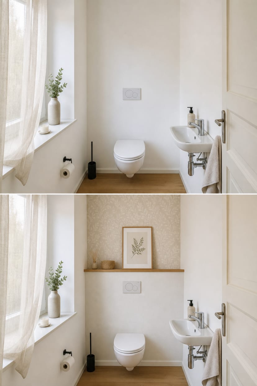 kleines gaeste-wc vorher nachher tapete holz bilder
