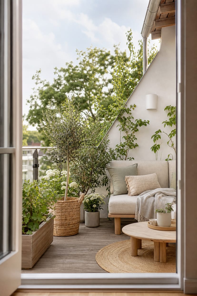 Terrassen-ecke mit mehreren blumenkästen und moos