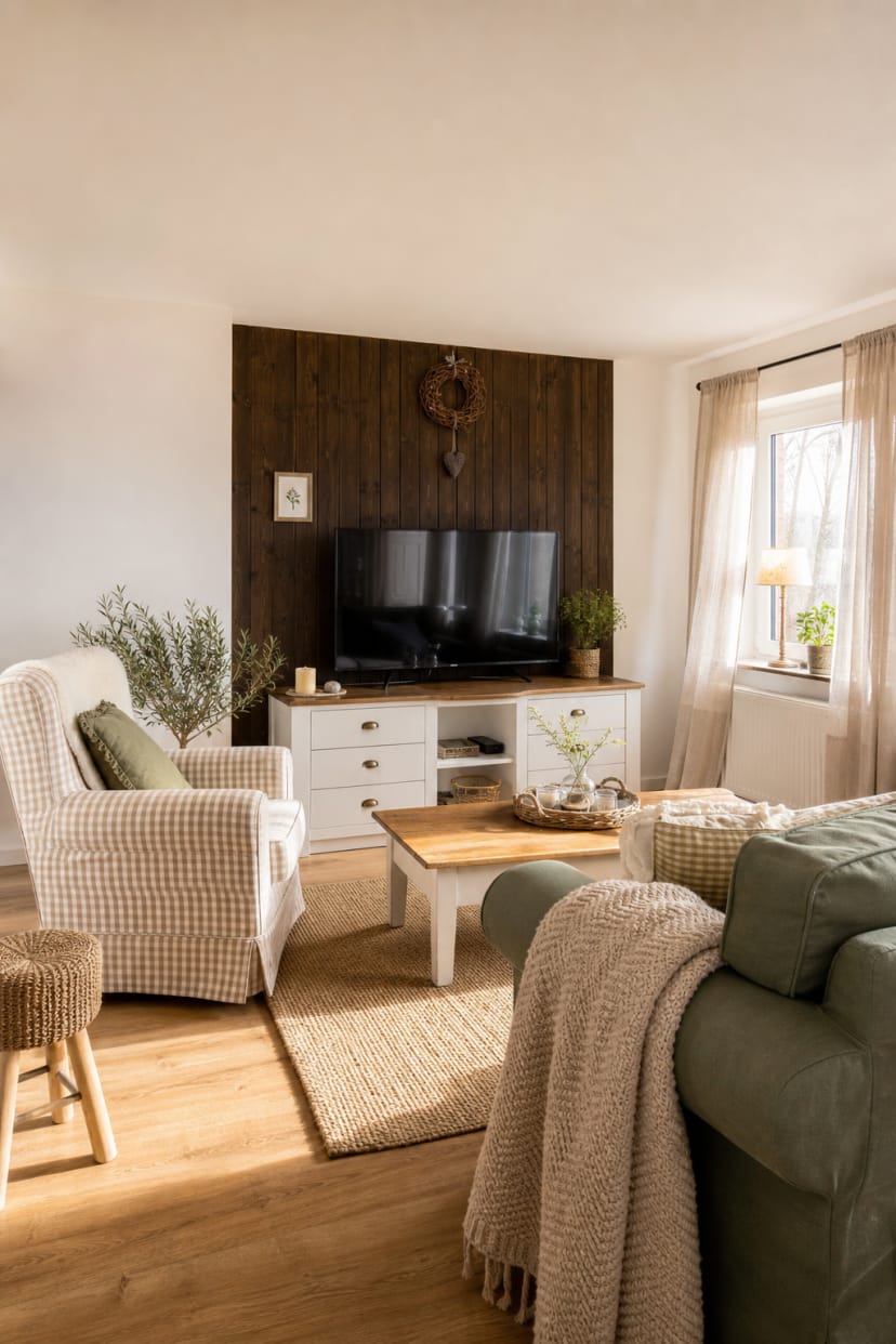 Landhauswohnzimmer mit dunkler Holz-TV-Wand