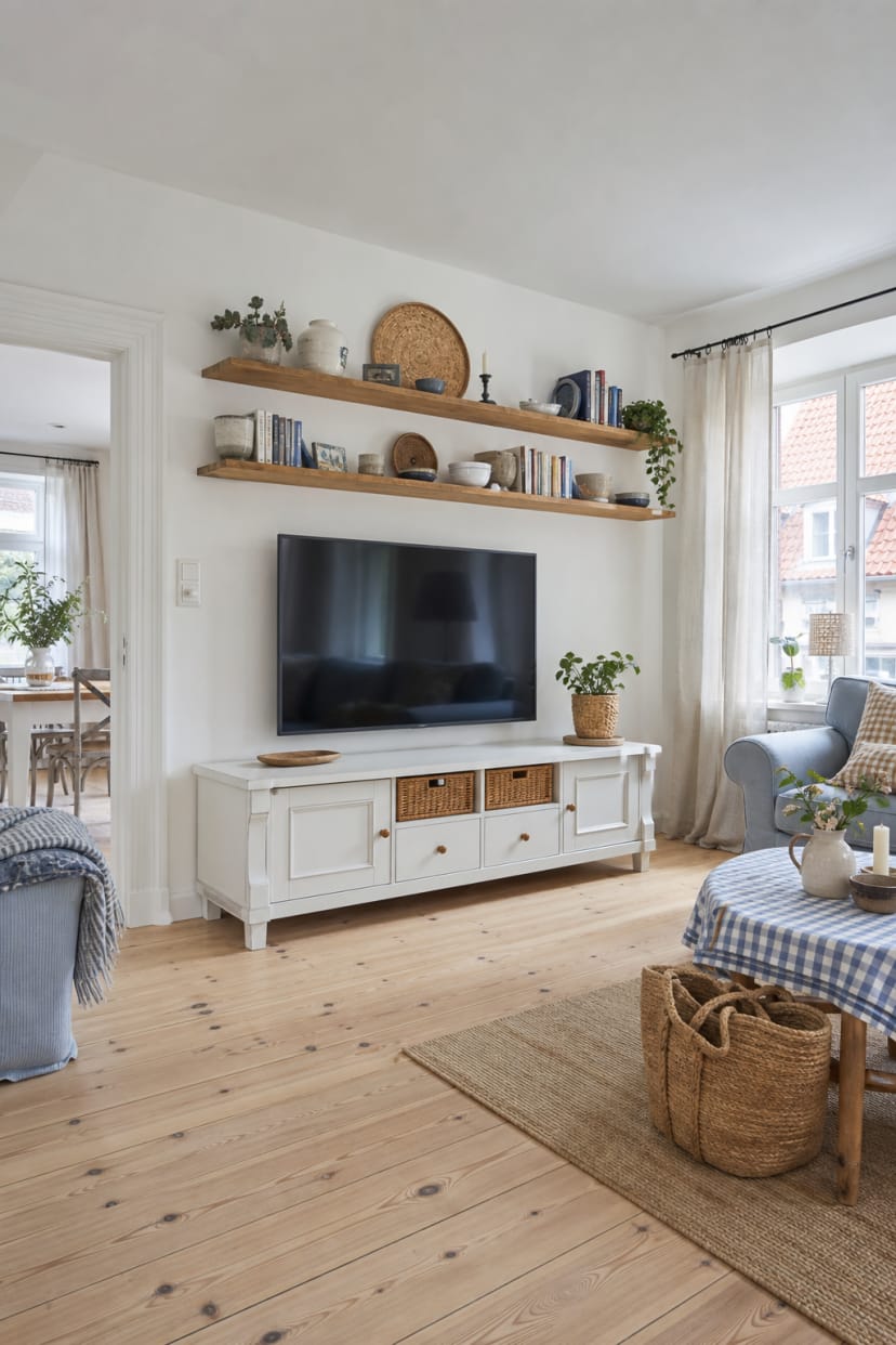 TV-Wand mit offenen Regalen und Holzboden