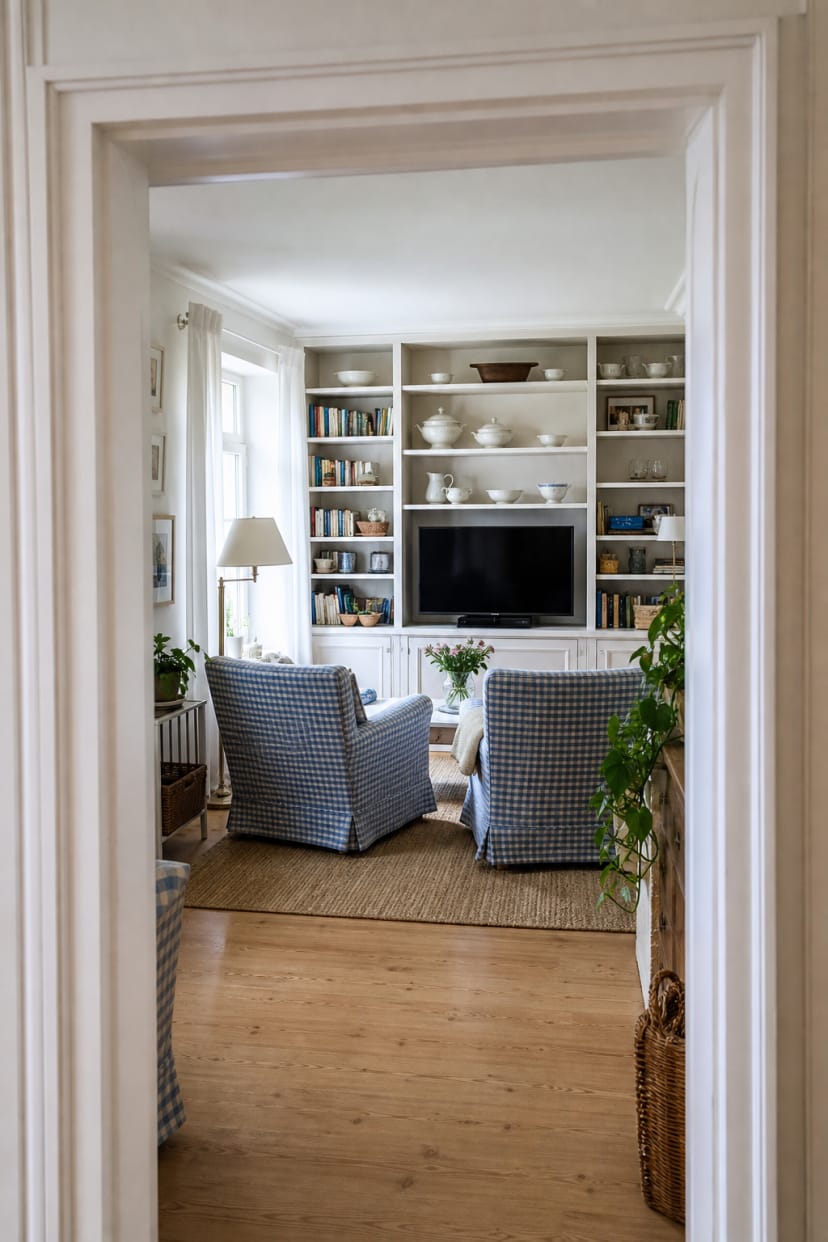 Wandhohe Regale um Fernseher mit Sesseln
