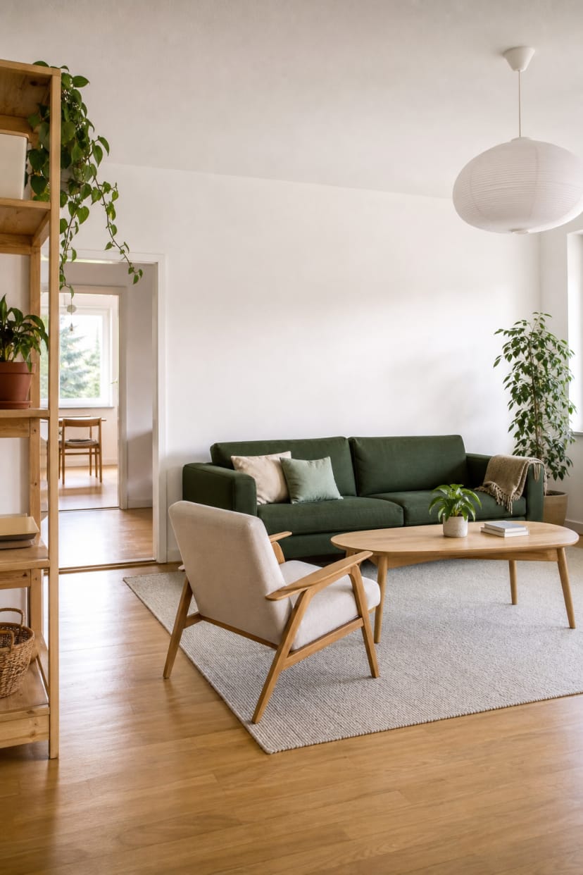 Waldgrünes Sofa vor weißen Wänden