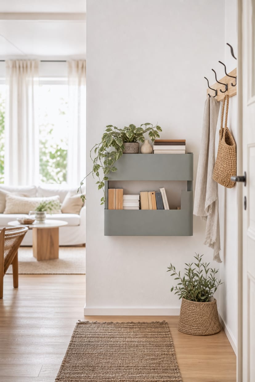 Wandkasten mit Büchern und Deko
