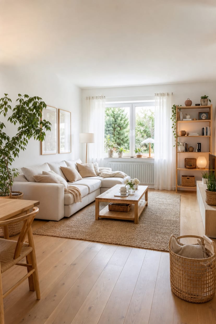 Weißes Wohnzimmer mit Holz und Tageslicht