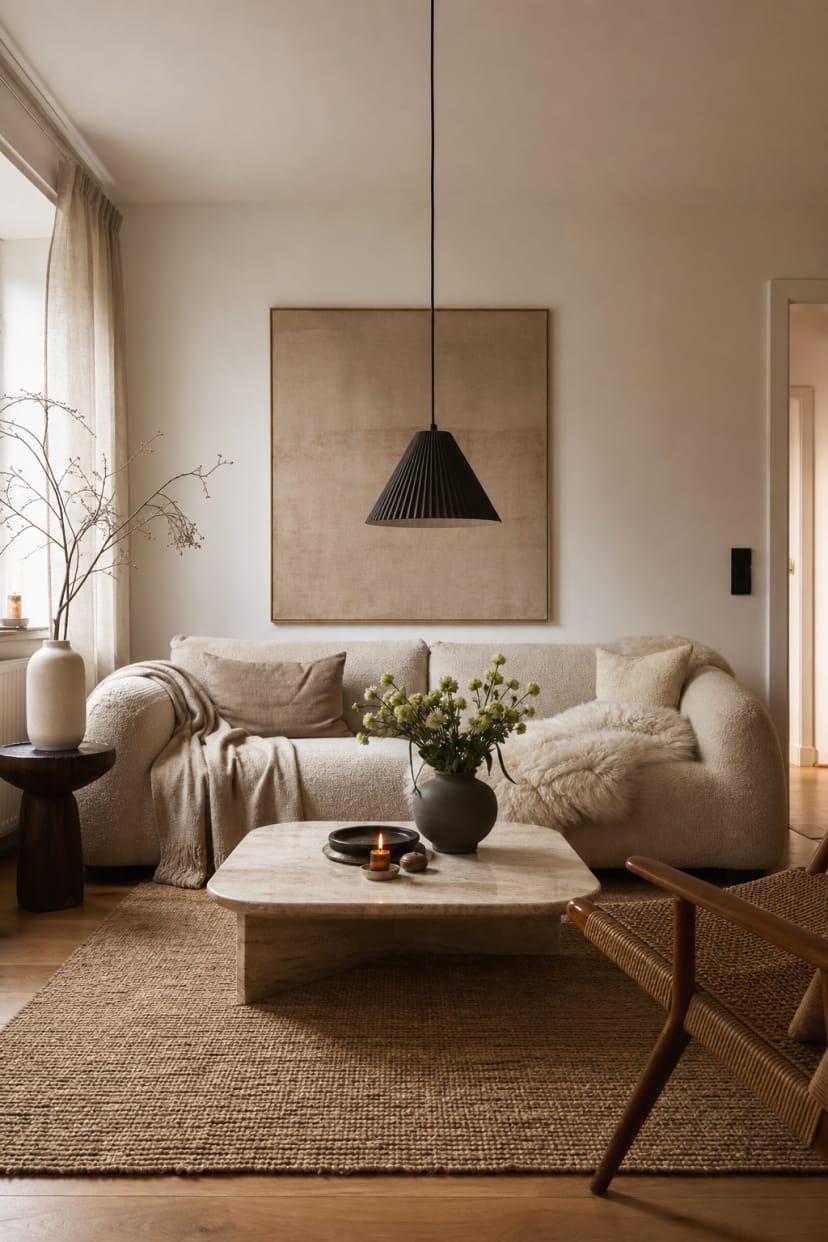 Bouclé sofa frontal im Wohnzimmer