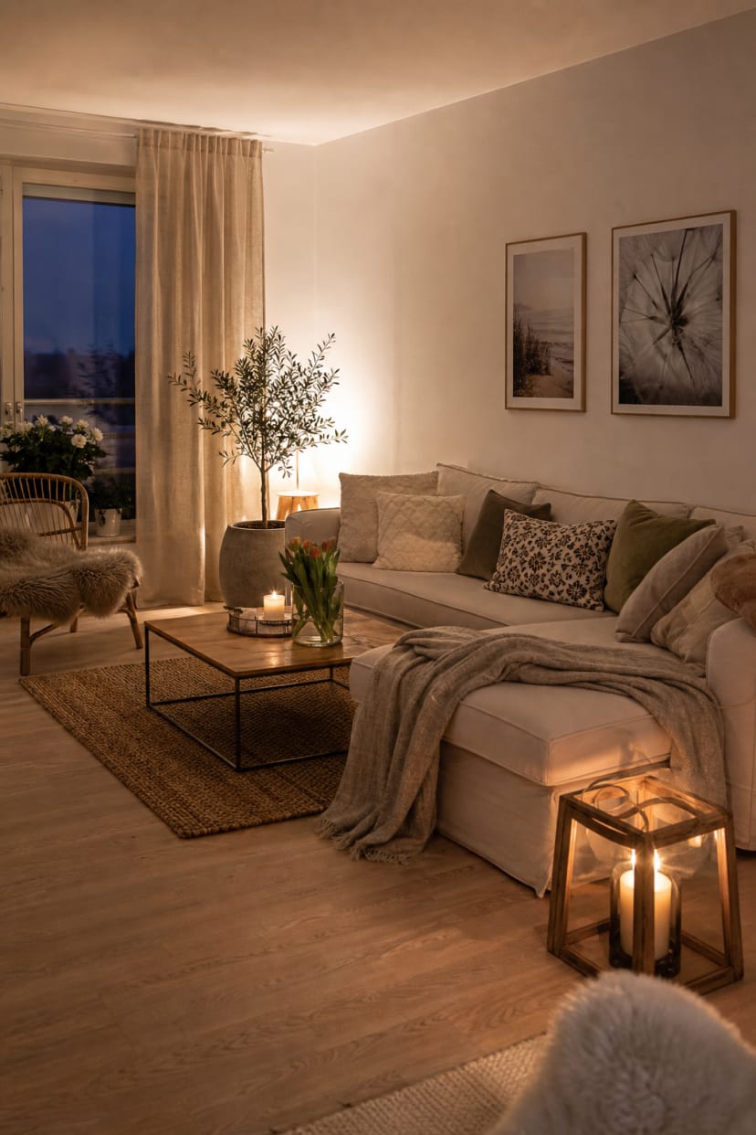 Sofa mit Kerzenlicht und Kissen