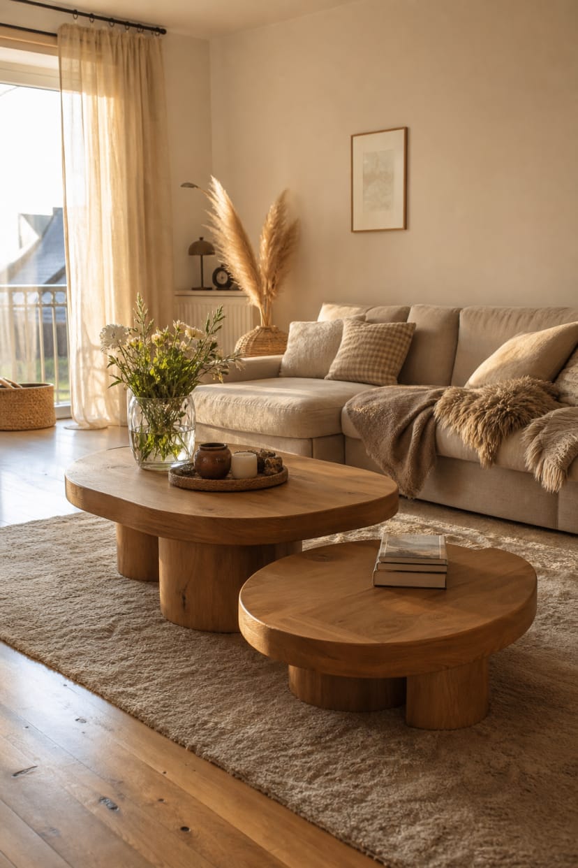 Organische Couchtische vor Sofa, natürliche Oberflächen