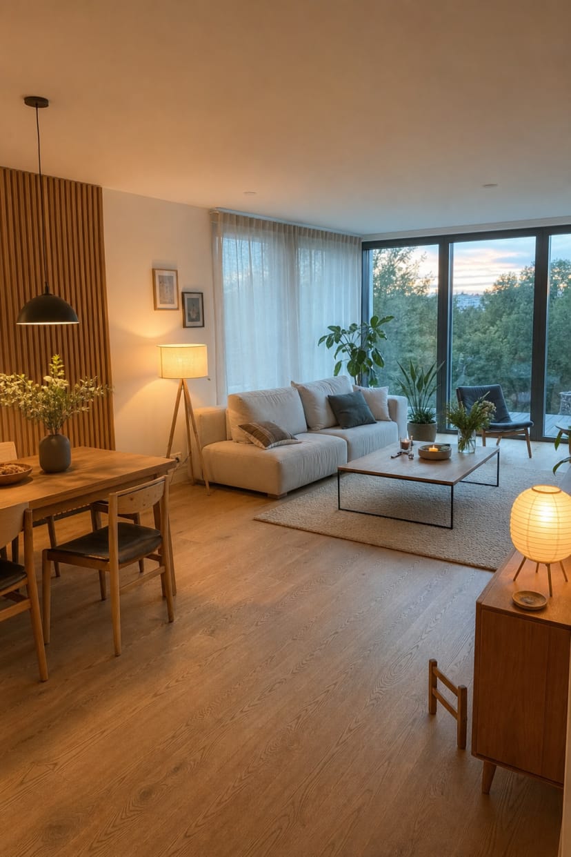 Wohnzimmer mit raumhoher Glasfront und Vorhängen