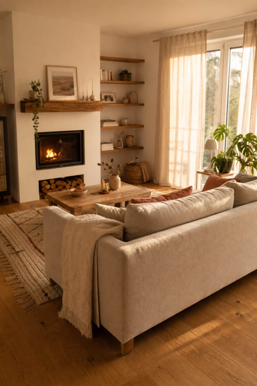 Sofa vor Kamin, warme Beleuchtung, Textilien
