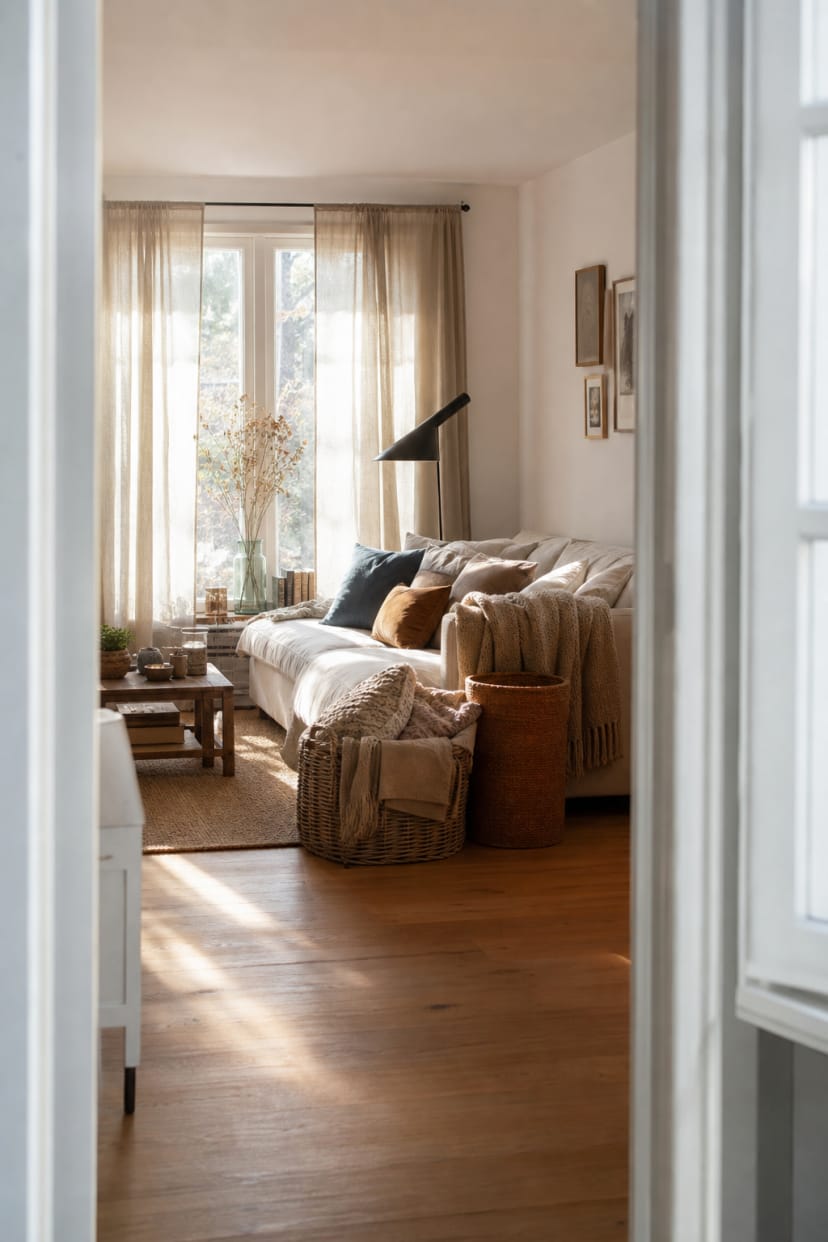Sofa mit warmen Decken und Körben