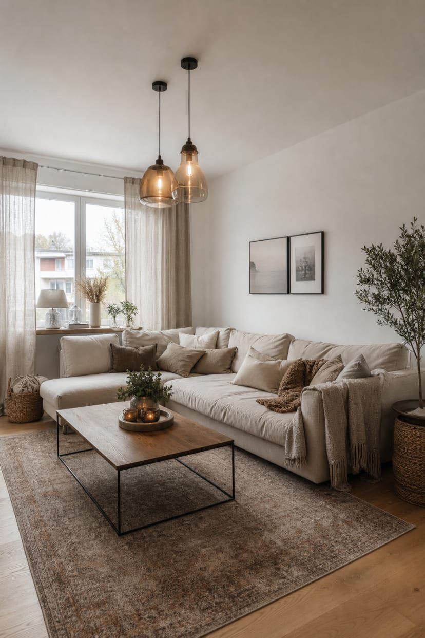 U‑Couch unter warmen Pendelleuchten