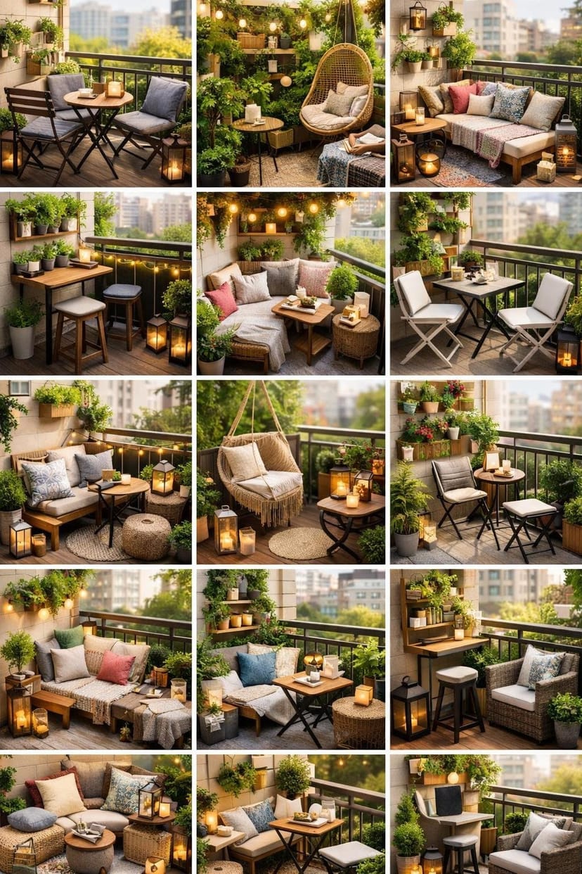 Verschiedene kleine Balkone mit Pflanzen, Sitzgelegenheiten und Dekorationen in einem urbanen Umfeld.