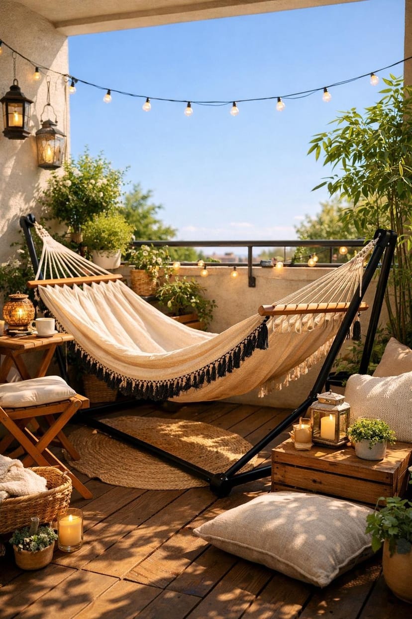 Kleiner Balkon mit einer faltbaren Hängematte, Pflanzen und gemütlicher Dekoration.
